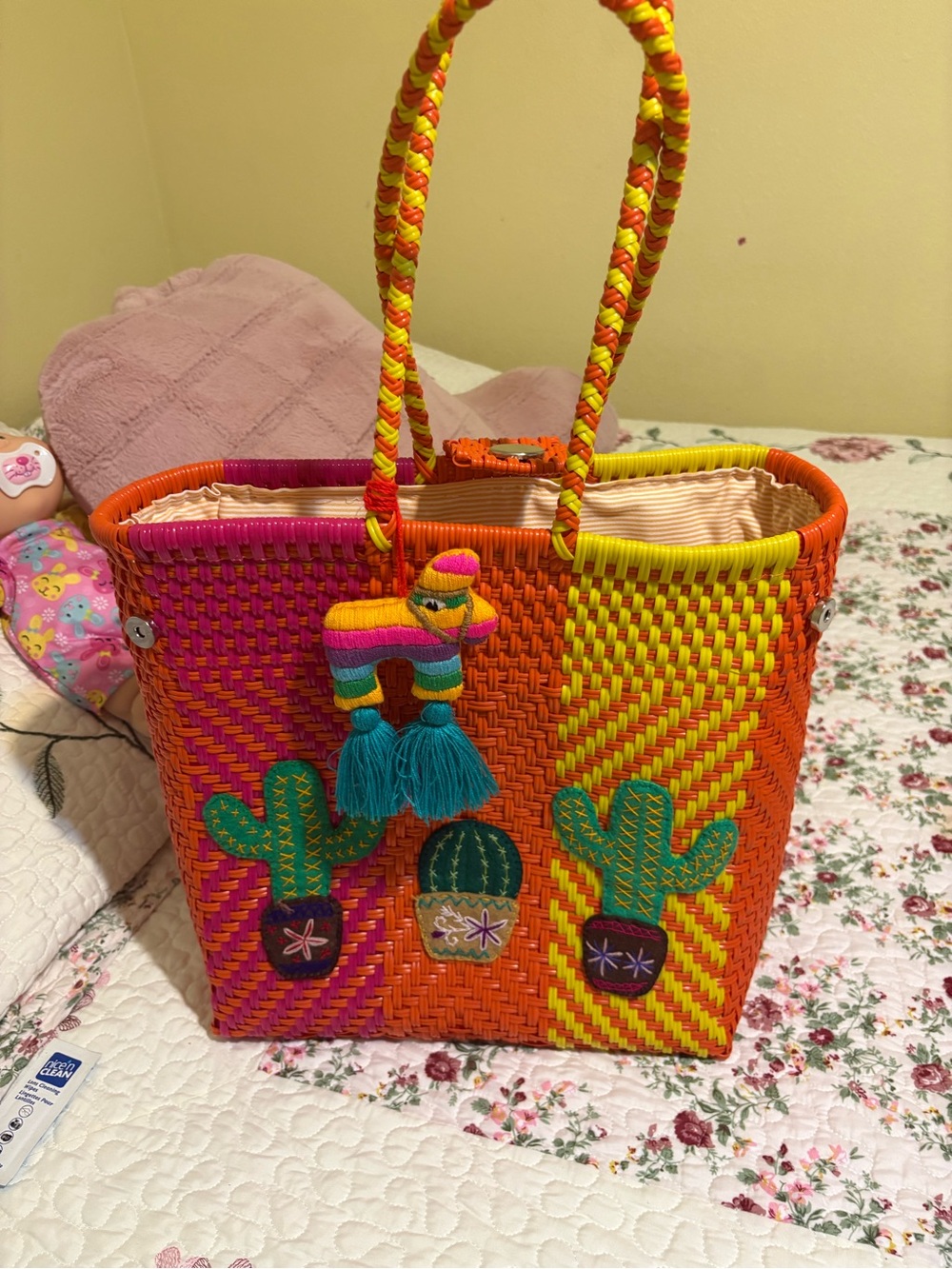 Colorful Woven Cactus Tote Bag - Orange & Pink